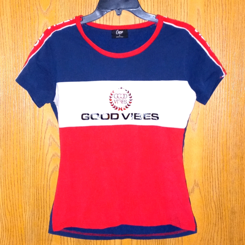 ReD/white/blue "GOOD VIBES" short sleeve shirt SIZE: L *@*SEE PICS